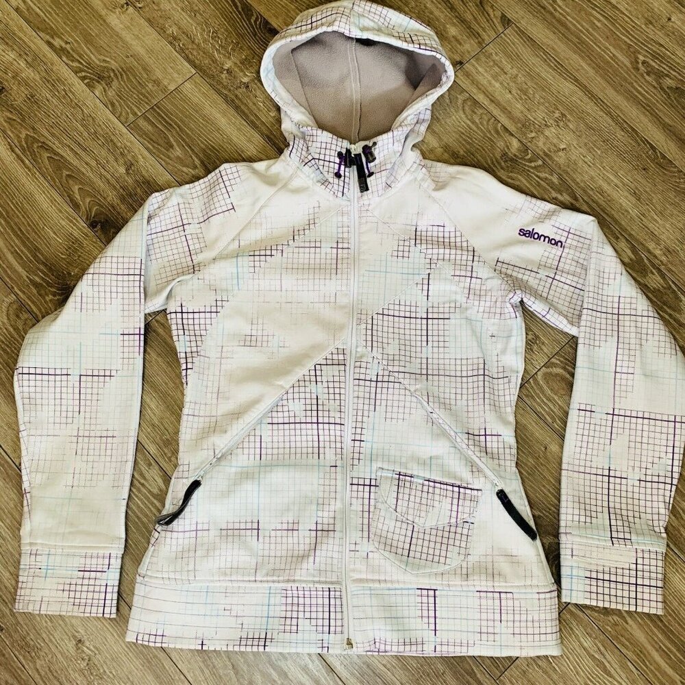 Womens Salomon White Jacket‎ Faded Purple/Teal Crosshatch Design Full Zip Hood S